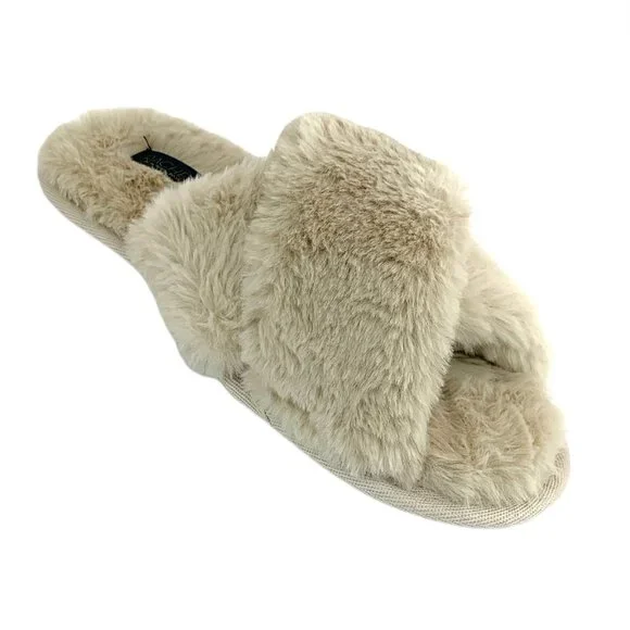 Rachel Roy Women's Fuzzy Furry CrissCross Slip On Flats Slippers Cream - Picture 6 of 10